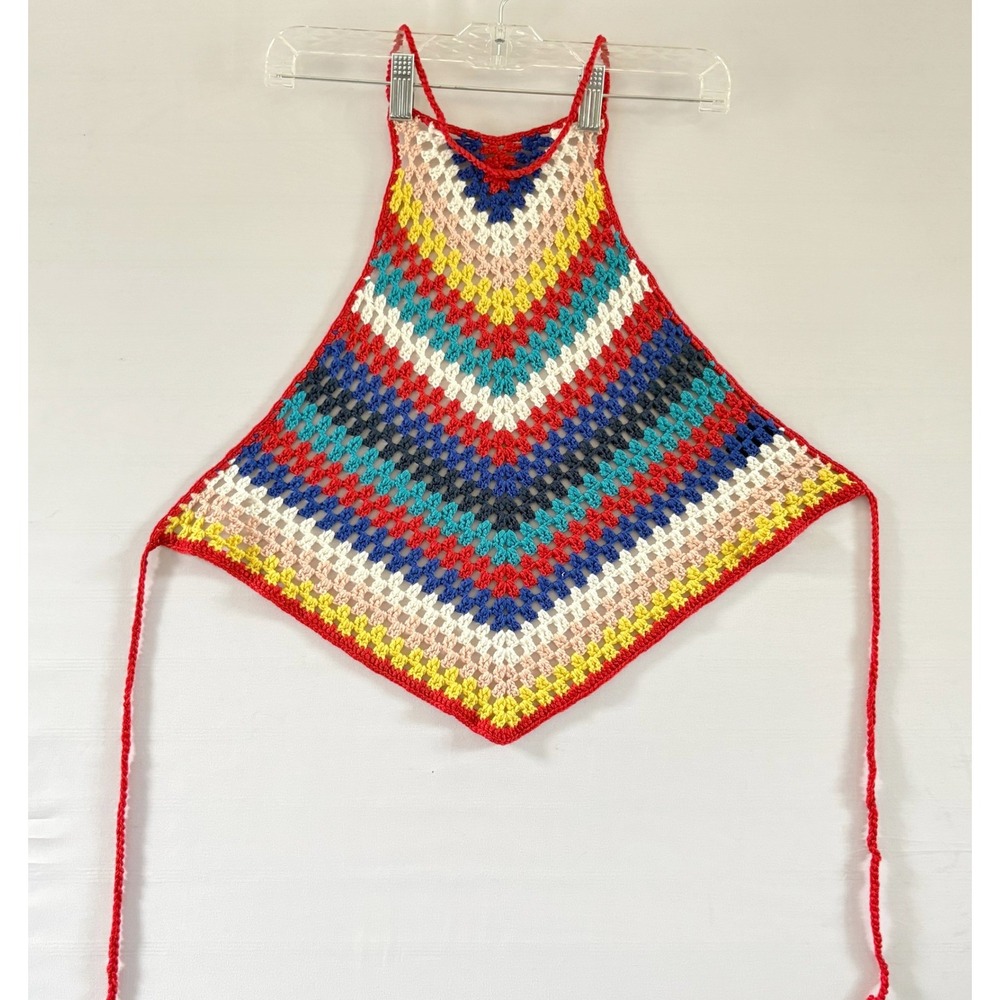Cider Womens Crochet Halter Top Multicolor Chevron Handkerchief Hem Large Boho